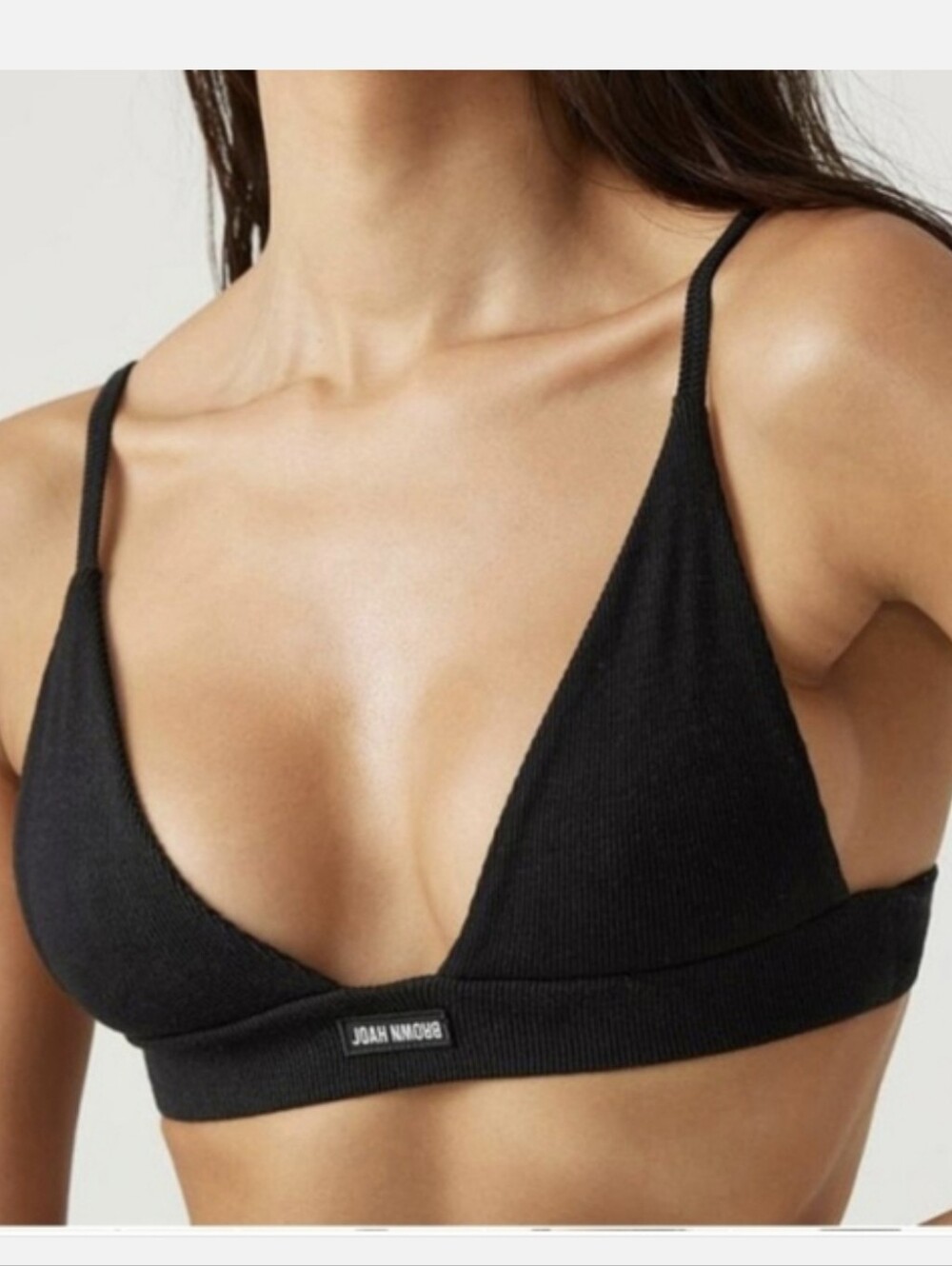 Joah Brown Triangle Flex Rib Bra In Black, Sz S/M
